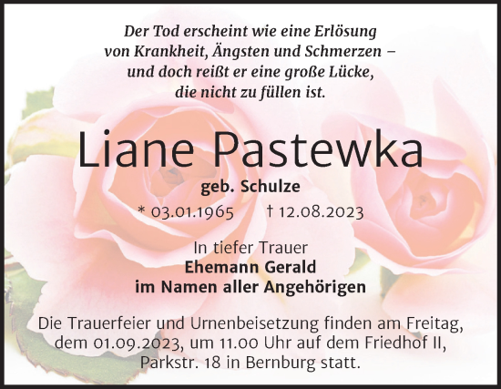 Traueranzeige von Liane Pastewka von Trauerkombi Bernburg
