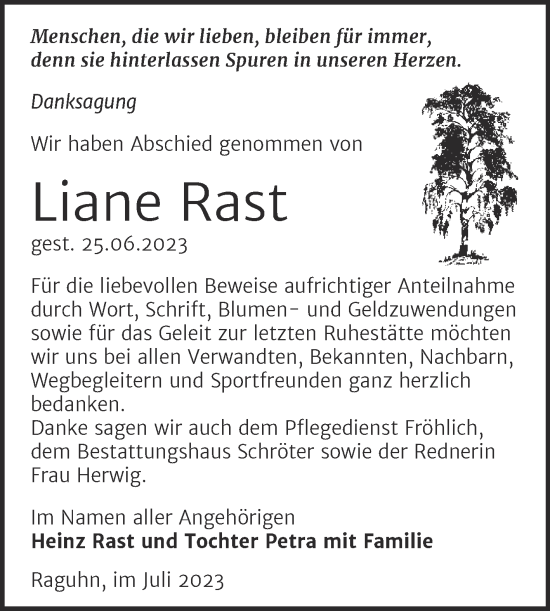 Traueranzeige von Liane Rast von Trauerkombi Bitterfeld