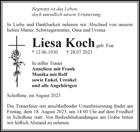 Traueranzeige von Liesa Koch von Volksstimme Altmark Ost