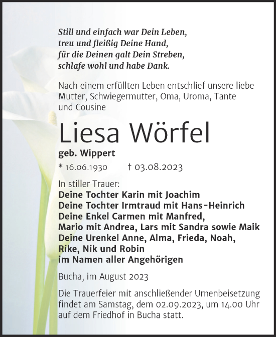 Traueranzeige von Liesa Wörfel von Wochenspiegel Naumburg/Nebra