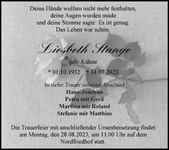 Traueranzeige von Liesbeth Stange von Mitteldeutsche Zeitung Halle/Saalkreis