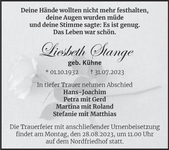 Traueranzeige von Liesbeth Stange von Mitteldeutsche Zeitung Halle/Saalkreis