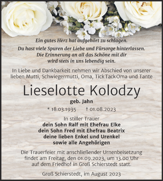 Traueranzeige von Lieselotte Kolodzy von Trauerkombi Aschersleben