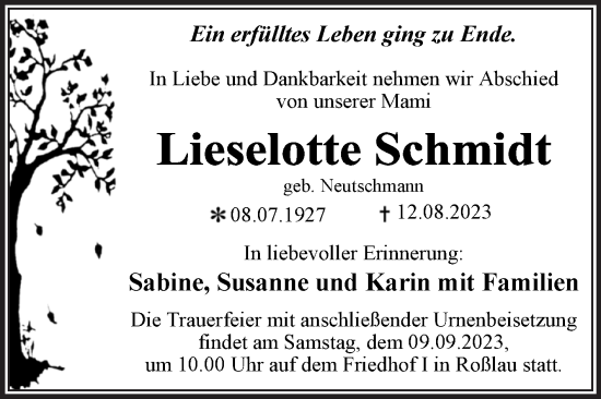 Traueranzeige von Lieselotte Schmidt von Trauerkombi Dessau