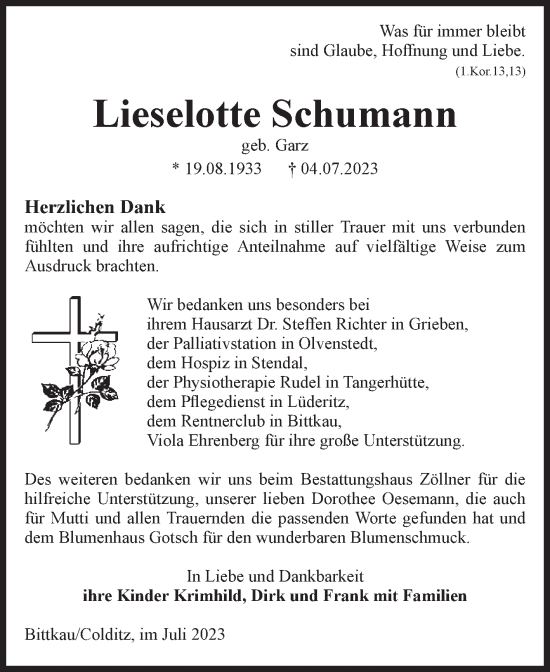 Traueranzeige von Lieselotte Schumann von Volksstimme Altmark Ost