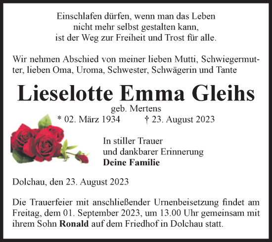 Traueranzeige von Lieselotte Emma Gleihs von Volksstimme Altmark West