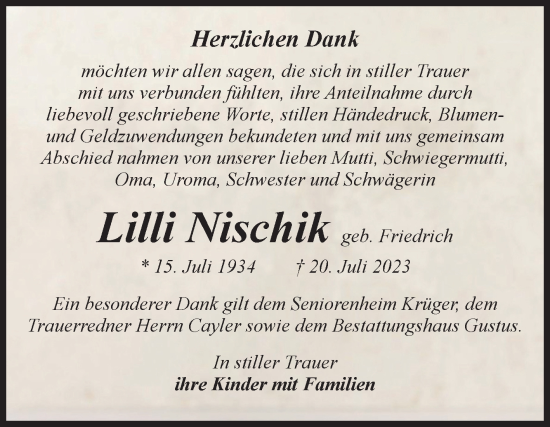 Traueranzeige von Lilli Nischik von Volksstimme Halberstadt