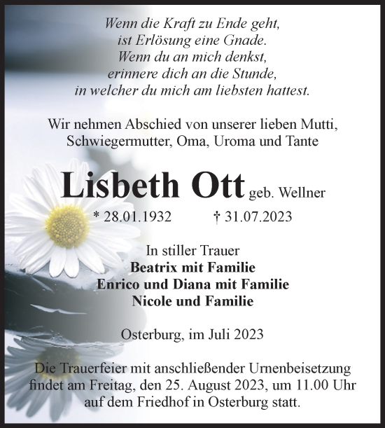 Traueranzeige von Lisbeth Ott von Volksstimme Altmark Ost