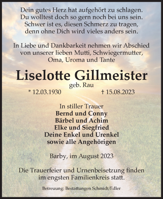 Traueranzeige von Liselotte Gillmeister von Volksstimme Schönebeck