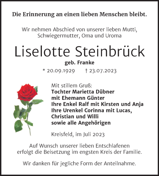Traueranzeige von Liselotte Steinbrück von Trauerkombi Mansfelder Land