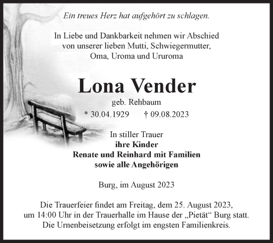 Traueranzeige von Lona Vender von Volksstimme Burg/Genthin
