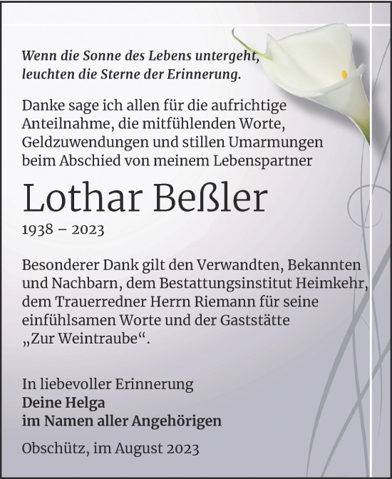 Traueranzeige von Lothar Beßler von Trauerkombi Weißenfels