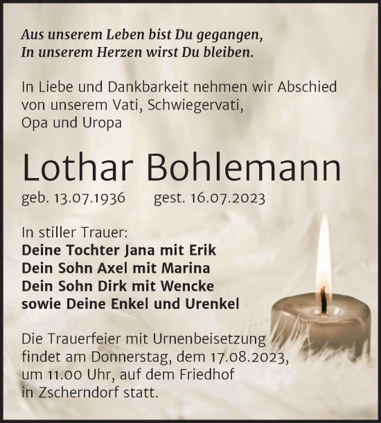 Traueranzeige von Lothar Bohlemann von Trauerkombi Bitterfeld