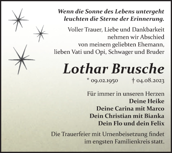 Traueranzeige von Lothar Brusche von Trauerkombi Bitterfeld