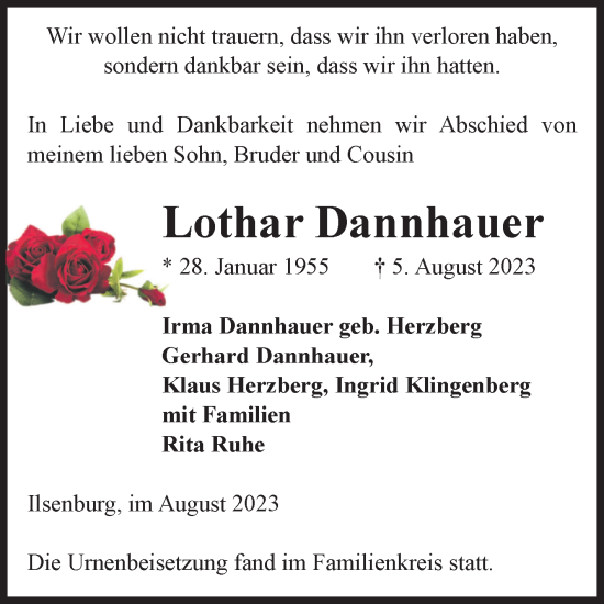 Traueranzeige von Lothar Dannhauer von Volksstimme Wernigerode