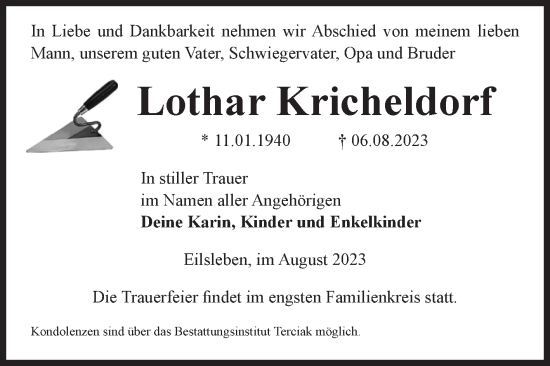 Traueranzeige von Lothar Kricheldorf von Volksstimme Oschersleben/Wanzleben