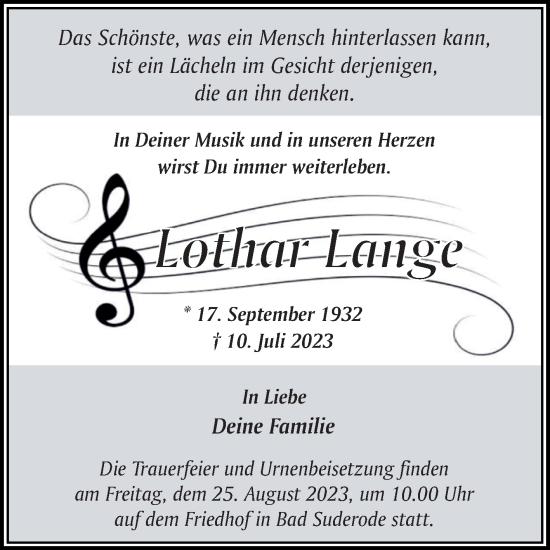 Traueranzeige von Lothar Lange von Trauerkombi Quedlinburg