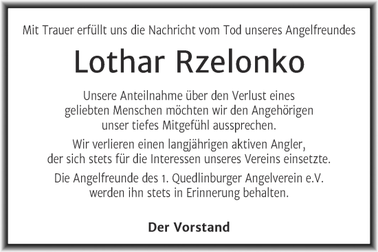 Traueranzeige von Lothar Rzelonko von Trauerkombi Quedlinburg