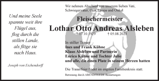 Traueranzeige von Lothar Otto Andreas Alsleben von Volksstimme Magdeburg