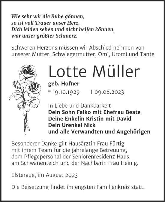 Traueranzeige von Lotte Müller von Trauerkombi Zeitz