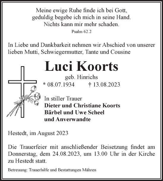 Traueranzeige von Luci Koorts von Volksstimme Altmark West