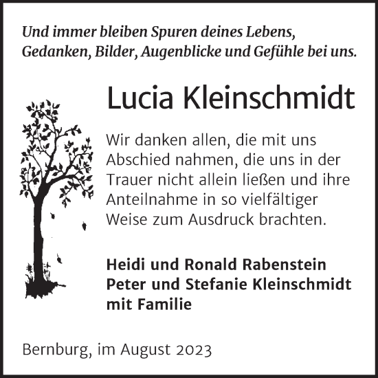 Traueranzeige von Lucia Kleinschmidt von Trauerkombi Bernburg