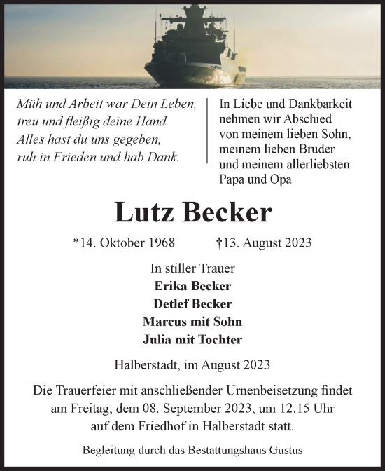 Traueranzeige von Lutz Becker von Volksstimme Halberstadt