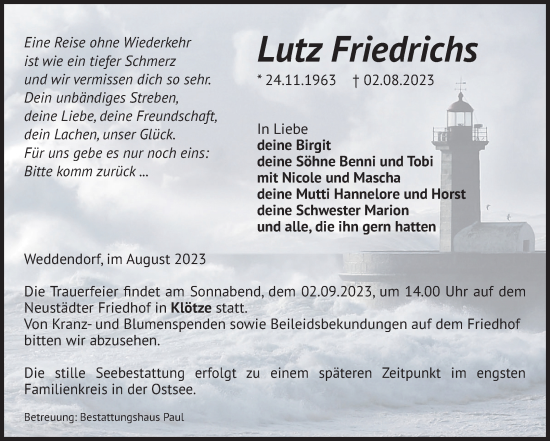 Traueranzeige von Lutz Friedrichs von Volksstimme Altmark West