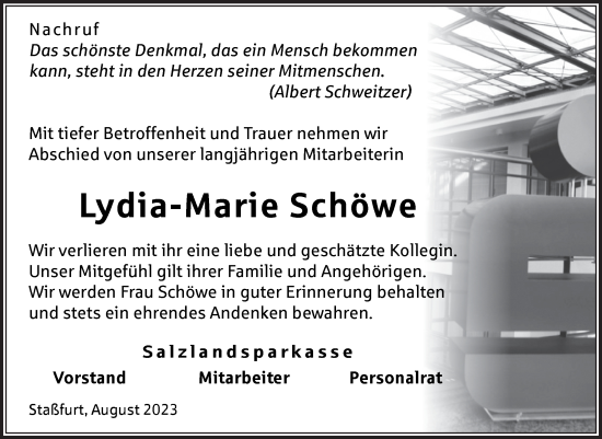Traueranzeige von Lydia-Marie Schöwe von Volksstimme Staßfurt