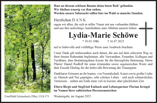 Traueranzeige von Lydia-Marie Schöwe von Volksstimme Staßfurt