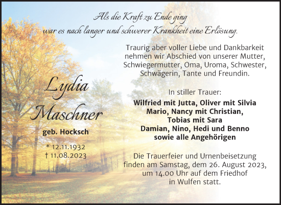 Traueranzeige von Lydia Maschner von Trauerkombi Köthen