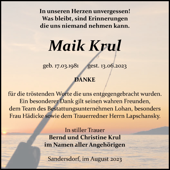 Traueranzeige von Maik Krul von Trauerkombi Bitterfeld