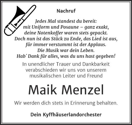 Traueranzeige von Maik Menzel von Super Sonntag Sangerhausen