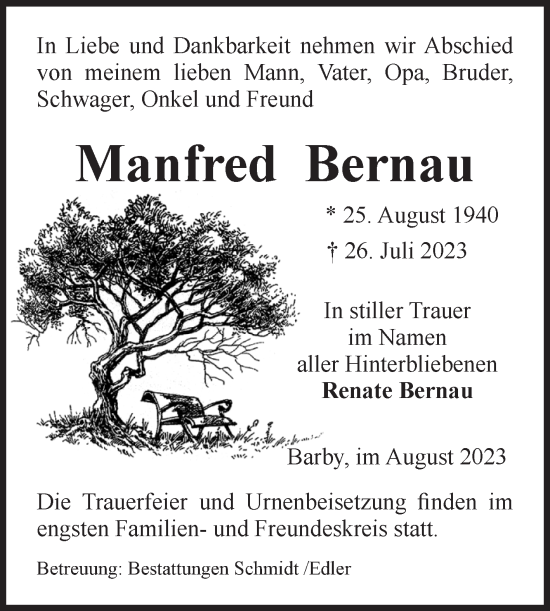 Traueranzeige von Manfred Bernau von Volksstimme Schönebeck