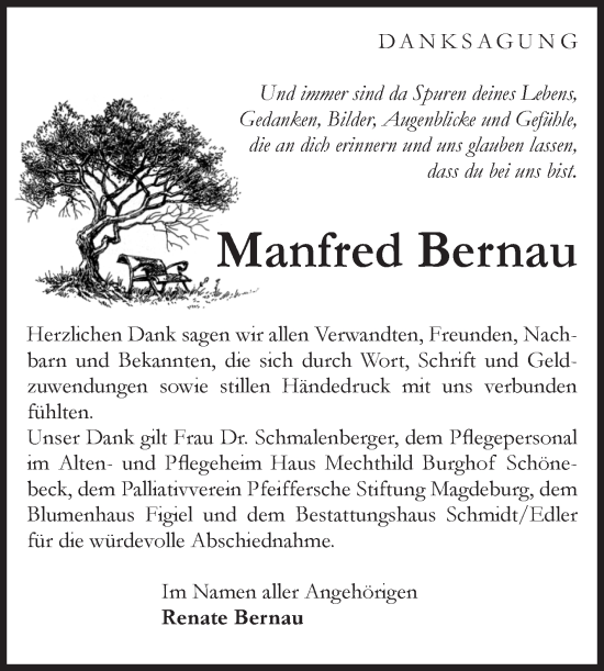 Traueranzeige von Manfred Bernau von Volksstimme Schönebeck