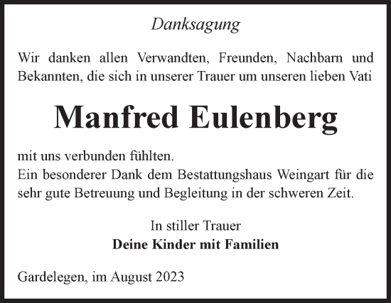 Traueranzeige von Manfred Eulenberg von Volksstimme Altmark West