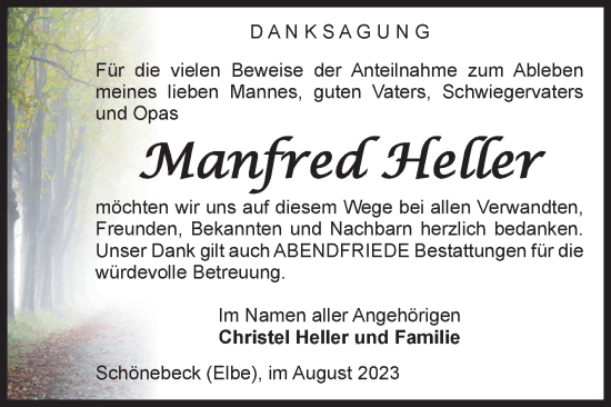 Traueranzeige von Manfred Heller von Volksstimme Schönebeck