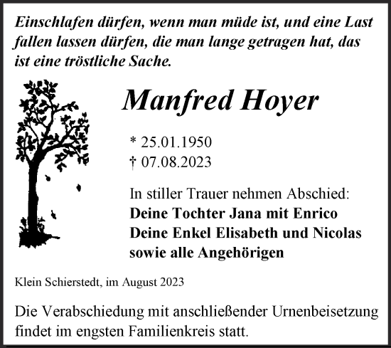 Traueranzeige von Manfred Hoyer von Trauerkombi Aschersleben