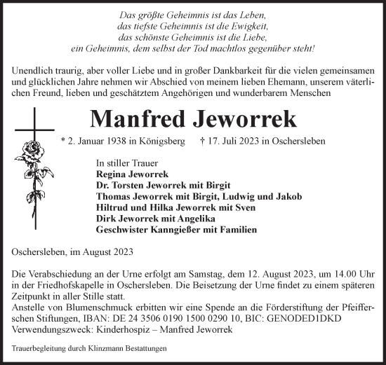 Traueranzeige von Manfred Jeworrek von Volksstimme Oschersleben/Wanzleben