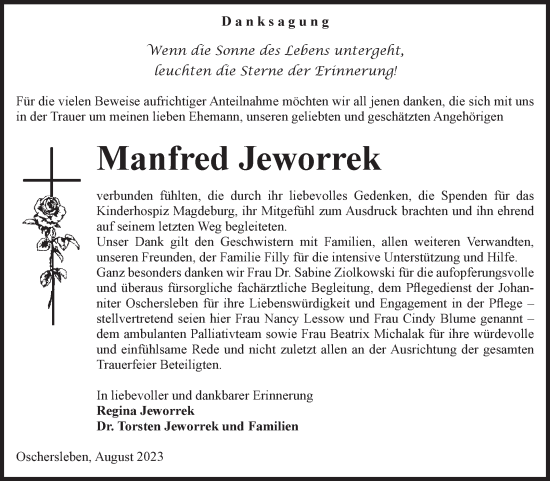 Traueranzeige von Manfred Jeworrek von Volksstimme Oschersleben/Wanzleben