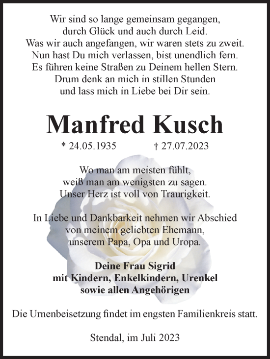 Traueranzeige von Manfred Kusch von Volksstimme Altmark Ost