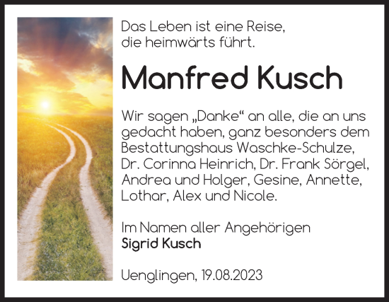 Traueranzeige von Manfred Kusch von Volksstimme Altmark Ost