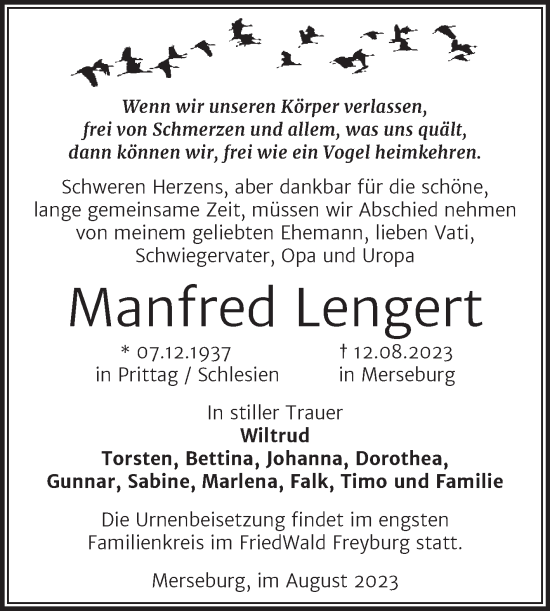 Traueranzeige von Manfred Lengert von Trauerkombi Merseburg