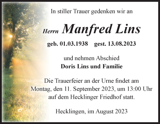 Traueranzeige von Manfred Lins von Volksstimme Staßfurt