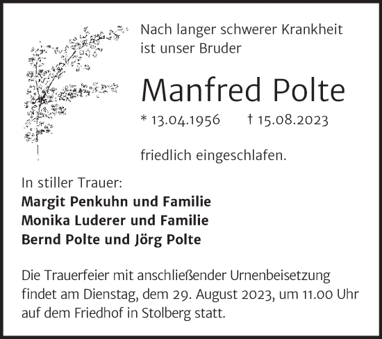 Traueranzeige von Manfred Polte von Mitteldeutsche Zeitung Sangerhausen