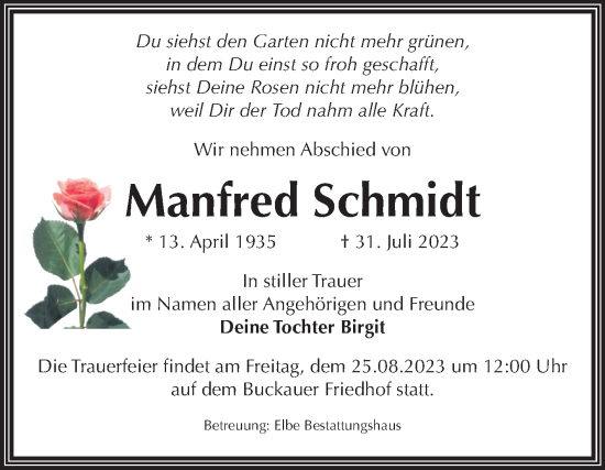 Traueranzeige von Manfred Schmidt von Volksstimme Magdeburg