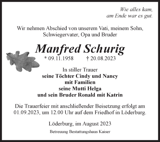 Traueranzeige von Manfred Schurig von Volksstimme Staßfurt