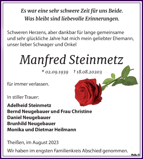 Traueranzeige von Manfred Steinmetz von Trauerkombi Zeitz