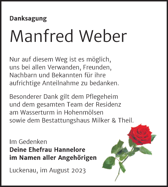 Traueranzeige von Manfred Weber von Trauerkombi Zeitz