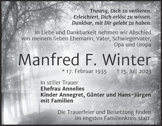 Traueranzeige von Manfred F. Winter von Mitteldeutsche Zeitung Halle/Saalkreis
